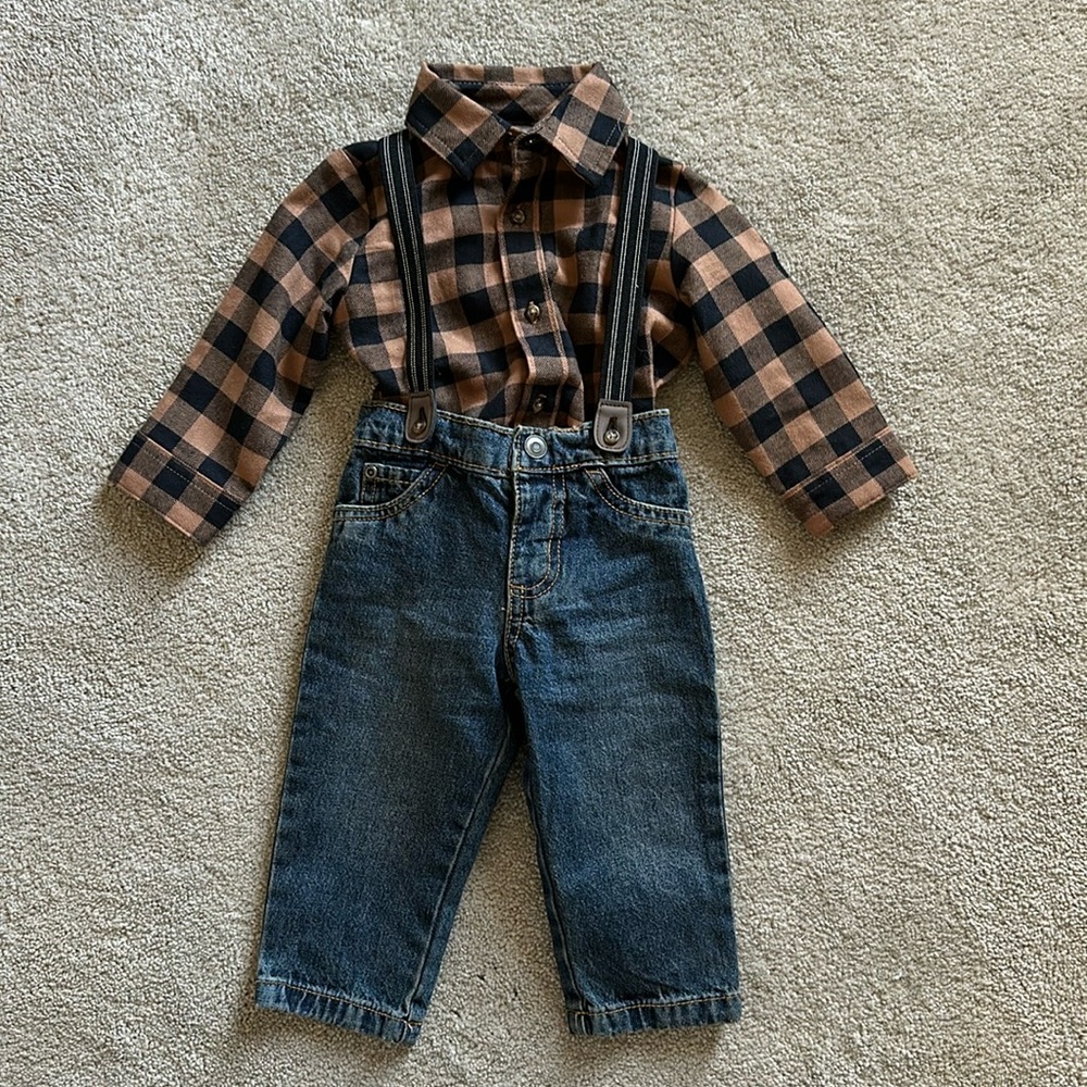NWOT baby boys flannel and denim outfit